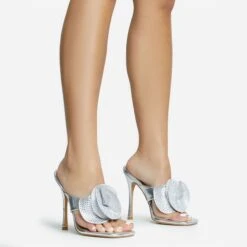 EGO Bouquet Oversized Diamante Rose Detail Thong Strap Square Toe Stiletto Heel Mule In Silver Faux Leather -EGO Sales 30 11 22 fw31748 sq