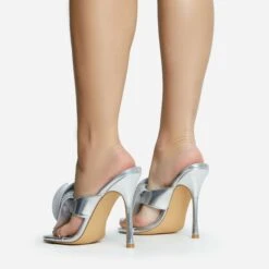 EGO Bouquet Oversized Diamante Rose Detail Thong Strap Square Toe Stiletto Heel Mule In Silver Faux Leather -EGO Sales 30 11 22 fw31750 sq