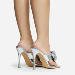 EGO Bouquet Oversized Diamante Rose Detail Thong Strap Square Toe Stiletto Heel Mule In Silver Faux Leather -EGO Sales 30 11 22 fw31751 sq