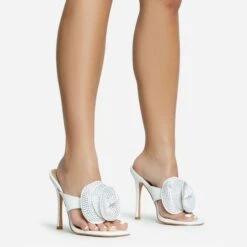 EGO Bouquet Oversized Diamante Rose Detail Thong Strap Square Toe Stiletto Heel Mule In White Faux Leather -EGO Sales 30 11 22 fw31753 sq