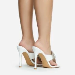 EGO Bouquet Oversized Diamante Rose Detail Thong Strap Square Toe Stiletto Heel Mule In White Faux Leather -EGO Sales 30 11 22 fw31756 sq