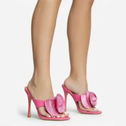 EGO Bouquet Oversized Diamante Rose Detail Thong Strap Square Toe Stiletto Heel Mule In Pink Faux Leather -EGO Sales 30 11 22 fw31758 sq