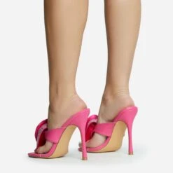 EGO Bouquet Oversized Diamante Rose Detail Thong Strap Square Toe Stiletto Heel Mule In Pink Faux Leather -EGO Sales 30 11 22 fw31760 sq
