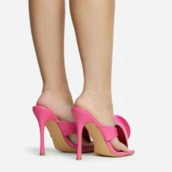 EGO Bouquet Oversized Diamante Rose Detail Thong Strap Square Toe Stiletto Heel Mule In Pink Faux Leather -EGO Sales 30 11 22 fw31761 sq