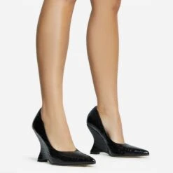 EGO In-Your-Soul Pointed Toe Cut Out Wedge Court Heel In Black Croc Print Faux Leather -EGO Sales 30 11 22 fw31823 sqq