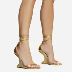 EGO Time-Flies Lace Up Square Toe Cut Out Wedge Heel In Gold Faux Leather