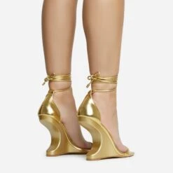 EGO Time-Flies Lace Up Square Toe Cut Out Wedge Heel In Gold Faux Leather -EGO Sales 30 11 22 fw31873 sq