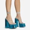 EGO Star-Walker Lace Up Diamante Knotted Strap Detail Extreme Platform Block Heel In Blue Metallic Faux Leather -EGO Sales 30 11 22 fw31891 sq