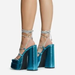 EGO Star-Walker Lace Up Diamante Knotted Strap Detail Extreme Platform Block Heel In Blue Metallic Faux Leather -EGO Sales 30 11 22 fw31893 sq
