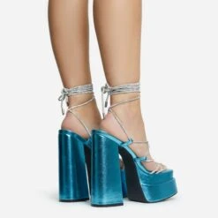 EGO Star-Walker Lace Up Diamante Knotted Strap Detail Extreme Platform Block Heel In Blue Metallic Faux Leather -EGO Sales 30 11 22 fw31894 sq