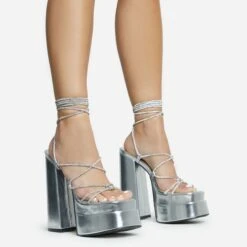 EGO Star-Walker Lace Up Diamante Knotted Strap Detail Extreme Platform Block Heel In Silver Metallic Faux Leather -EGO Sales 30 11 22 fw31896 sq