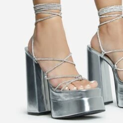 EGO Star-Walker Lace Up Diamante Knotted Strap Detail Extreme Platform Block Heel In Silver Metallic Faux Leather -EGO Sales 30 11 22 fw31897 sq