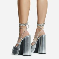 EGO Star-Walker Lace Up Diamante Knotted Strap Detail Extreme Platform Block Heel In Silver Metallic Faux Leather -EGO Sales 30 11 22 fw31898 sq