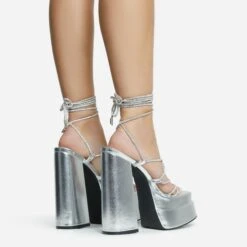 EGO Star-Walker Lace Up Diamante Knotted Strap Detail Extreme Platform Block Heel In Silver Metallic Faux Leather -EGO Sales 30 11 22 fw31899 sq
