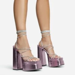 EGO Star-Walker Lace Up Diamante Knotted Strap Detail Extreme Platform Block Heel In Pink Metallic Faux Leather