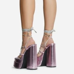 EGO Star-Walker Lace Up Diamante Knotted Strap Detail Extreme Platform Block Heel In Pink Metallic Faux Leather -EGO Sales 30 11 22 fw31903 sq