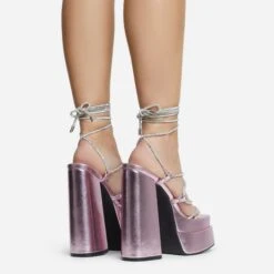 EGO Star-Walker Lace Up Diamante Knotted Strap Detail Extreme Platform Block Heel In Pink Metallic Faux Leather -EGO Sales 30 11 22 fw31904 sq