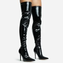 EGO Devoted Pointed Toe Stiletto Heel Over The Knee Thigh High Long Boot In Black Patent