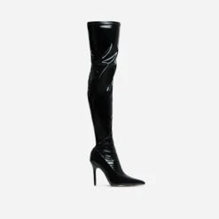 EGO Devoted Pointed Toe Stiletto Heel Over The Knee Thigh High Long Boot In Black Patent -EGO Sales 30 11 22 fw31930 sq
