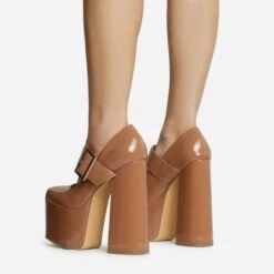 EGO Record Buckle Strap Detail Platform Block Heel In Nude Patent -EGO Sales 30 11 22 fw31942 sq