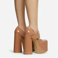 EGO Record Buckle Strap Detail Platform Block Heel In Nude Patent -EGO Sales 30 11 22 fw31943 sq