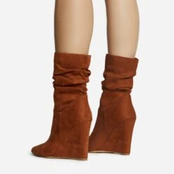 EGO Baize Pointed Toe Wedge Heel Slouched Ankle Boot In Tan Brown Faux Suede -EGO Sales 30 11 22 fw31960 sq