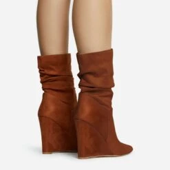 EGO Baize Pointed Toe Wedge Heel Slouched Ankle Boot In Tan Brown Faux Suede -EGO Sales 30 11 22 fw31961 sq