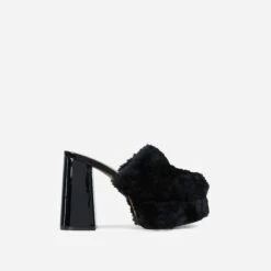 EGO Smoothie Faux Fur Detail Closed Toe Platform Block Heel Mule In Black Patent -EGO Sales 30 11 22 fw31986 sq