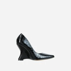 EGO In-Your-Soul Pointed Toe Cut Out Wedge Court Heel In Black Croc Print Faux Leather