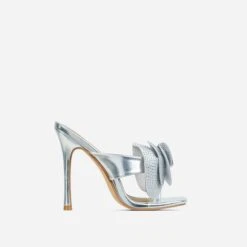 EGO Bouquet Oversized Diamante Rose Detail Thong Strap Square Toe Stiletto Heel Mule In Silver Faux Leather -EGO Sales 30 11 22 fw32014 sq