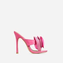 EGO Bouquet Oversized Diamante Rose Detail Thong Strap Square Toe Stiletto Heel Mule In Pink Faux Leather -EGO Sales 30 11 22 fw32015 sq