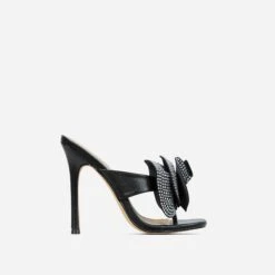 EGO Bouquet Oversized Diamante Rose Detail Thong Strap Square Toe Stiletto Heel Mule In Black Faux Leather -EGO Sales 30 11 22 fw32017 sq