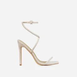EGO Lena-Olin Cross Ankle Strap Square Toe Stiletto Heel In Nude Faux Suede -EGO Sales 30 11 22 fw32030 sq