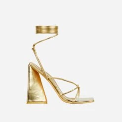 EGO Love-Booth Lace Up Knotted Strap Detail Square Toe Sculptured Flared Block Heel In Gold Faux Leather