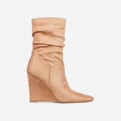 EGO Baize Pointed Toe Wedge Heel Slouched Ankle Boot In Nude Faux Suede -EGO Sales 30 11 22 fw32052 sq