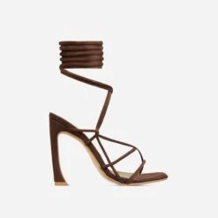 EGO Shanice Lace Up Strappy Square Toe Statement Thin Block Heel In Brown Faux Suede -EGO Sales 30 11 22 fw32053 sq