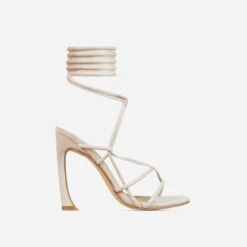 EGO Shanice Lace Up Strappy Square Toe Statement Thin Block Heel In Nude Faux Suede -EGO Sales 30 11 22 fw32054 sq