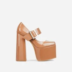 EGO Record Buckle Strap Detail Platform Block Heel In Nude Patent -EGO Sales 30 11 22 fw32056 sq