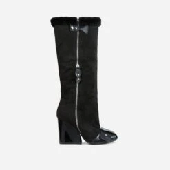 EGO Senna Faux Fur Buckle Detail Square Toe Wedge Heel Knee High Long Boot In Black Faux Suede -EGO Sales 30 11 22 fw32060 sq