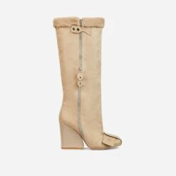 EGO Senna Faux Fur Buckle Detail Square Toe Wedge Heel Knee High Long Boot In Beige Faux Suede -EGO Sales 30 11 22 fw32061 sq