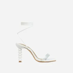 EGO Diamond-Girl Lace Up Clear Perspex Strap Square Toe Statement Thin Block Heel In White Faux Leather -EGO Sales 30 11 22 fw32072 sq