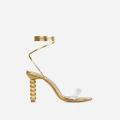 EGO Diamond-Girl Lace Up Clear Perspex Strap Square Toe Statement Thin Block Heel In Gold Faux Leather -EGO Sales 30 11 22 fw32074 sq