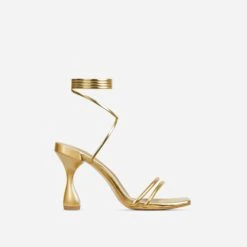 EGO Time-To-Talk Lace Up Strappy Square Toe Statement Heel In Gold Faux Leather -EGO Sales 30 11 22 fw32078 sq