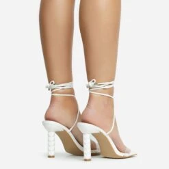 EGO Diamond-Girl Lace Up Clear Perspex Strap Square Toe Statement Thin Block Heel In White Faux Leather -EGO Sales 30 11 22 fw33356 sq