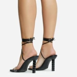 EGO Diamond-Girl Lace Up Clear Perspex Strap Square Toe Statement Thin Block Heel In Black Faux Leather -EGO Sales 30 11 22 fw33360 sq