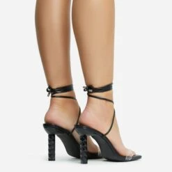 EGO Diamond-Girl Lace Up Clear Perspex Strap Square Toe Statement Thin Block Heel In Black Faux Leather -EGO Sales 30 11 22 fw33361 sq