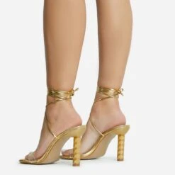 EGO Diamond-Girl Lace Up Clear Perspex Strap Square Toe Statement Thin Block Heel In Gold Faux Leather -EGO Sales 30 11 22 fw33365 sq