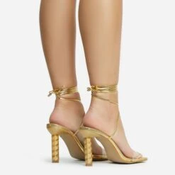 EGO Diamond-Girl Lace Up Clear Perspex Strap Square Toe Statement Thin Block Heel In Gold Faux Leather -EGO Sales 30 11 22 fw33366 sq