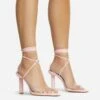EGO Diamond-Girl Lace Up Clear Perspex Strap Square Toe Statement Thin Block Heel In Pink Faux Leather -EGO Sales 30 11 22 fw33370 copy