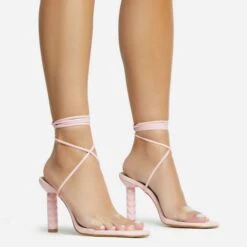 EGO Diamond-Girl Lace Up Clear Perspex Strap Square Toe Statement Thin Block Heel In Pink Faux Leather